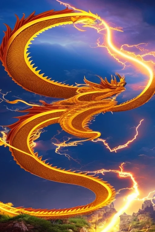 So sublime and divine々A beautiful golden dragon coiled up in the center of the screen, glaring at the camera.。金色のThe dragon is幸せをもたらす神なのでとても有難い存在である。The surrounding area is a canyon where no one can get close, and lightning is flashing in the background.、The sun is shining brightly。The dragon is、I want a realistic image。