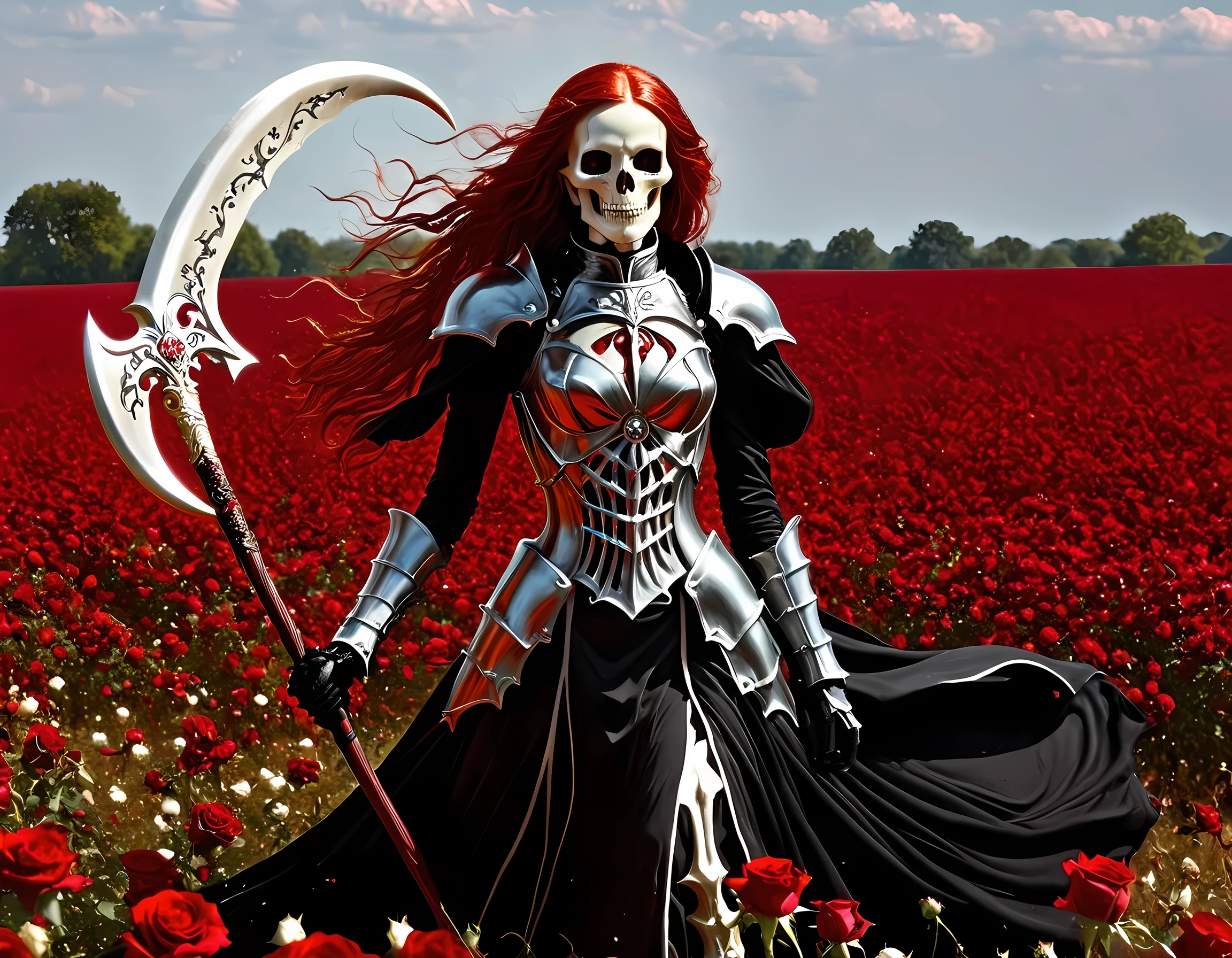 dark fantasy art, a female skeletal grim reaper in a field of white roses, the reaper has (skeletal head: 1.3) , long (red: 1.2) hair , red glowing eyes, she wears black robes, and black armor dress, ArmoredDress, flowing robes, she holds a scythe, in her arms, the scythe is dripping blood, a field of white roses background (best details, Masterpiece, best quality: 1.4), dynamic range, ultra wide shot, photorealism, depth of field, hyper realistic, RagingNebula