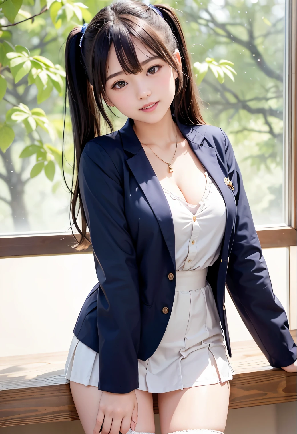 (highest quality,masterpiece:1.3,Ultra-high resolution),(Very detailed、Caustics) (Realistic:1.4, RAW shooting、)Ultra-Realistic Capture、Very detailed、Natural skin texture、masterpiece、(Japanese girl in high school blazer and flashy underwear:1.3)、Adorable expression、Expressions of happiness、14 years old、Height: 148cm、Young Face、Amazingly cute、Twin tail hairstyle、Straight hair、Scrunchie、necklace、Black Hair、light makeup、Slightly large breasts、Bare arms、Shining thighs、Shining ass、Filmed in a junior high school classroom、Background in detail、(Appearance without skirt) 、Satin fabric panties are visible、smile、An inviting gaze、Anatomically correct、Cowboy Shot、Attention to detail、Pose that emphasizes the legs、
