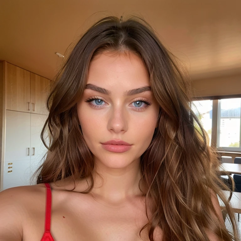 Belle brune aux reflets blonds portant en soutien gorge sexy rouge (dans une salle ), very detailed, 22 ans, , , visage innocent, natural wavy hair, yeux bleus, high resolution, chef-d&#39;artwork, Best quality, Intricate details, very detailed, Sharpness, detailed skin, texture de peau réaliste, texture, detailed eyes, professionnel, 4k, sourire charmant, shot with Canon, 85mm, faible profondeur de champ, Couleur de vision Kodak, corps parfaitement ajusté , Extremely detailed, la photographie_\(ultra\), photorealistic, Realistic, Post-traitement, Maximum details, roughness, vrai vie, ultra realistic, photorealism, la photographie, 8k euh, la photographie, gros seins,from the back looking at the camera ,et touchant ses fesses 