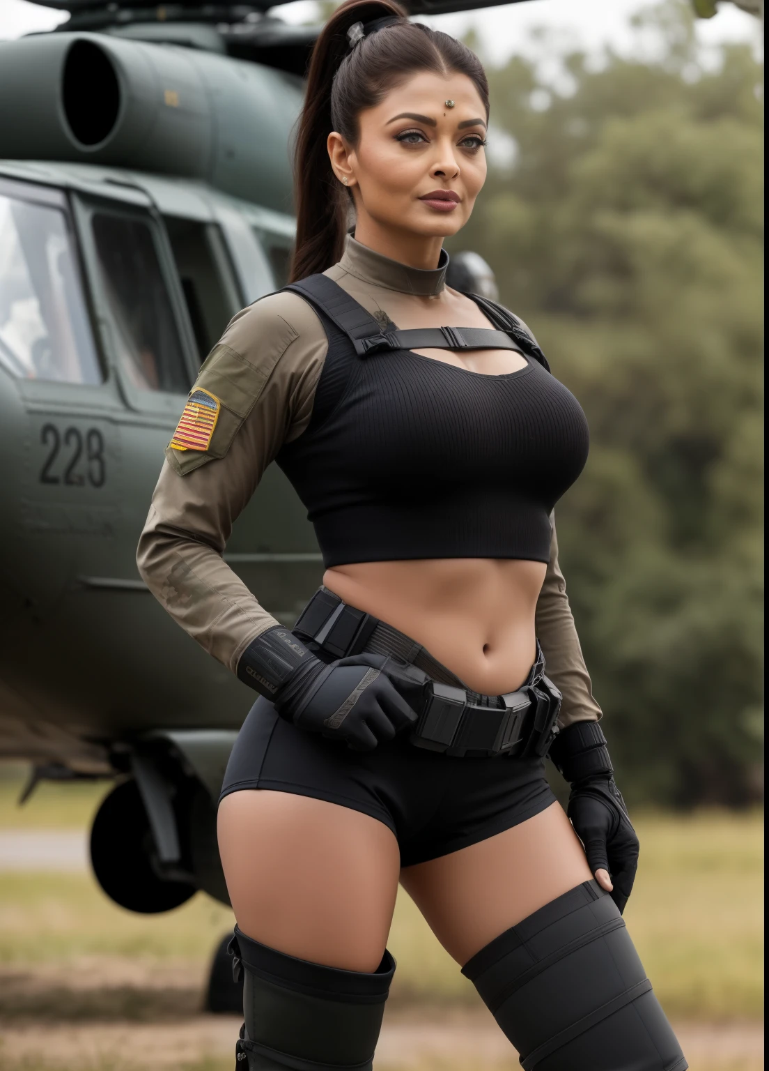 45yo MATURE MILF AISHWARYA RAI, with assault riffle in hands, (photorealistic), beautiful lighting, best quality, realistic, full body portrait, real picture, intricate details, depth of field, 45-years-old, standing next to army helicopter, A very attractive milf sexy solider girl with ((single ponytail hair)), wearing black shorts and tight crop top, knee high boots, combat gloves, (kneepads), highly-detailed, perfect face, hazel eyes, lips, wide hips, small waist, tall, make up, tacticool, Fujifilm XT3, outdoors, bright day, Beautiful lighting, RAW photo, 8k uhd, film grain, ((bokeh))