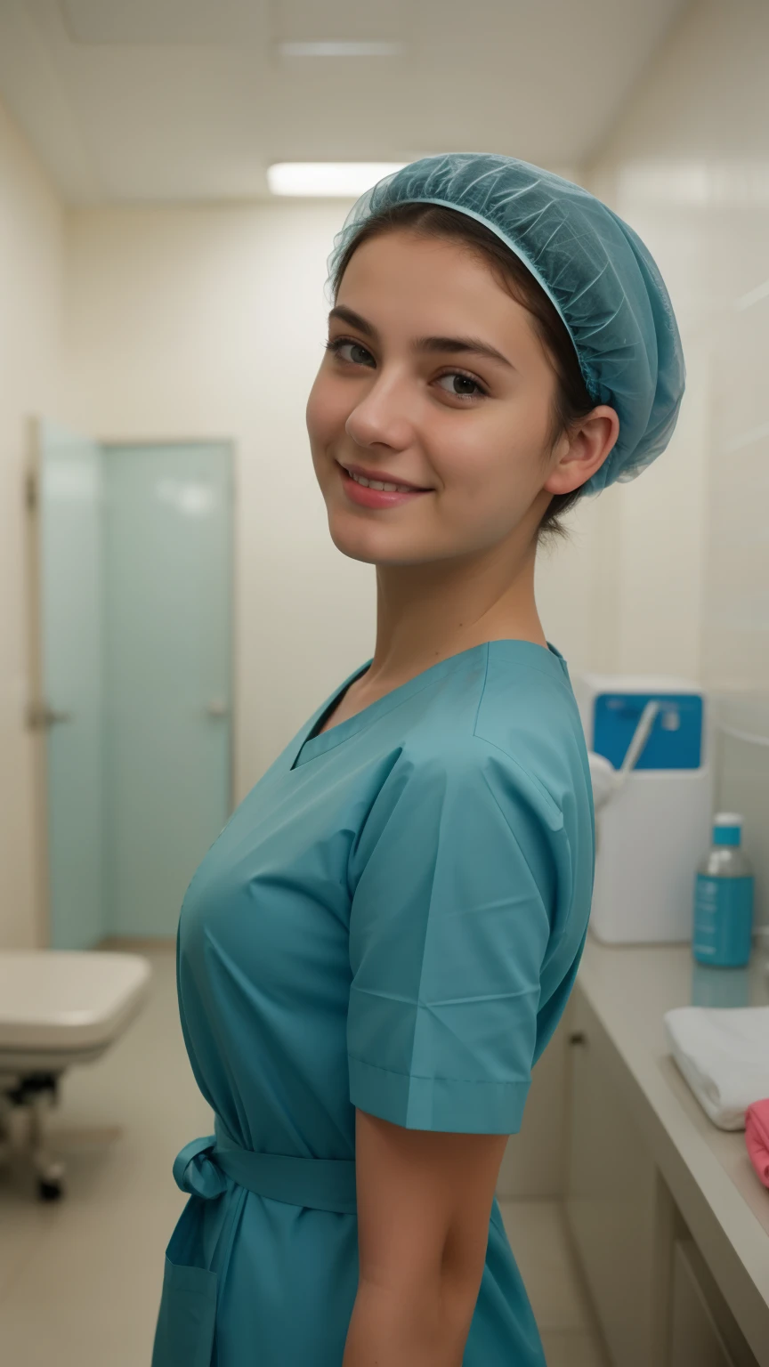 A Realistic Portrait, of a hungarian teenager girl, pediatric patient ,,, Beautiful, detailed face, detailed eyes, (realistic skin:1.3), (pale skin:1.1), (textured skin:1.3), (()), big smile, (iphone photograph), ), (artificial lighting:1.3), looking at the camera, , amateur Photography, Photorealistic, Detailed, analog, poor quality, standing in medical change room, beautiful face, big eyes, big smile, detailed face, wears teal nylon patient gown with , putting long patient gown on, back-tied patient gown,, high closed crew-neck, bokeh, all wearing large teal nylon bouffant cap , , large surgical bouffant cap covering hair and ears, ultra-short hair fully covered by nylon shower cap, no hair tails, standing in hospital room
