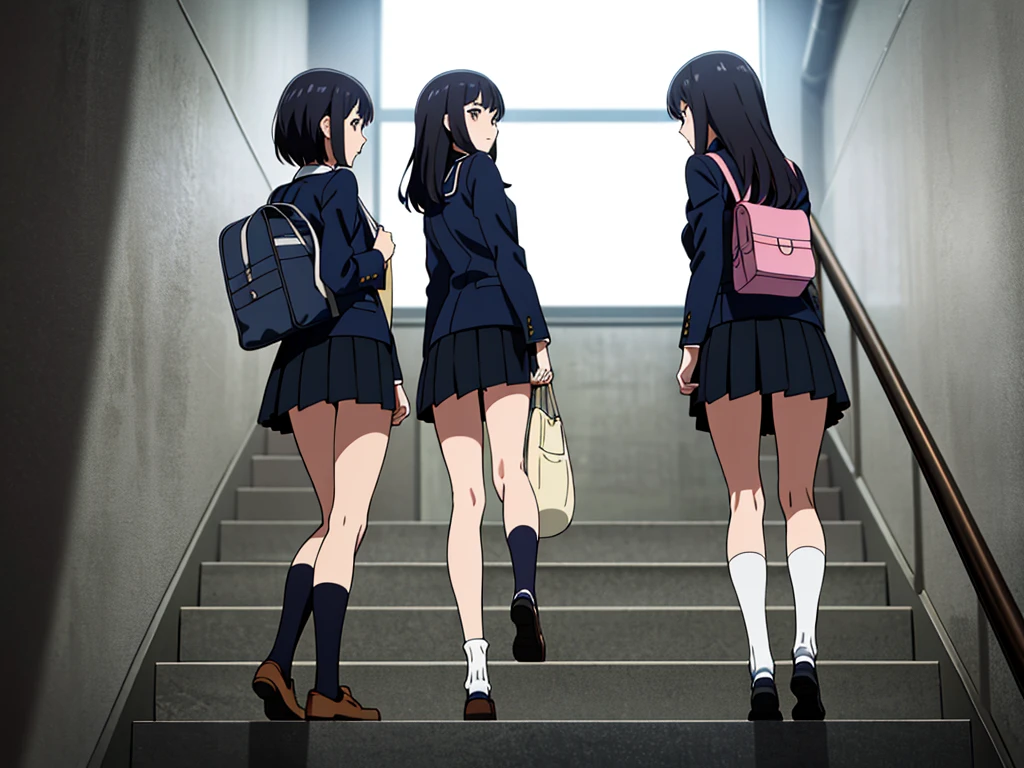 ((highest quality)), ((masterpiece)), (Familiar), (High resolution), 8k, Best Shadow, The best natural light, Cinematic, Climbing the stairs３People high school girls、Navy Blazer、Navy Ultra Mini Skirt、(Looking back and scorning)、(loose socks)、(school bag), ((Back view))、Secret photos、((Backward low angle))、Navy blue socks close up、Manga panel layout、Manga style、Manga Design、(Shibuya Ward&#39;large staircase:1.4)、evening、On the way home、Lace panties