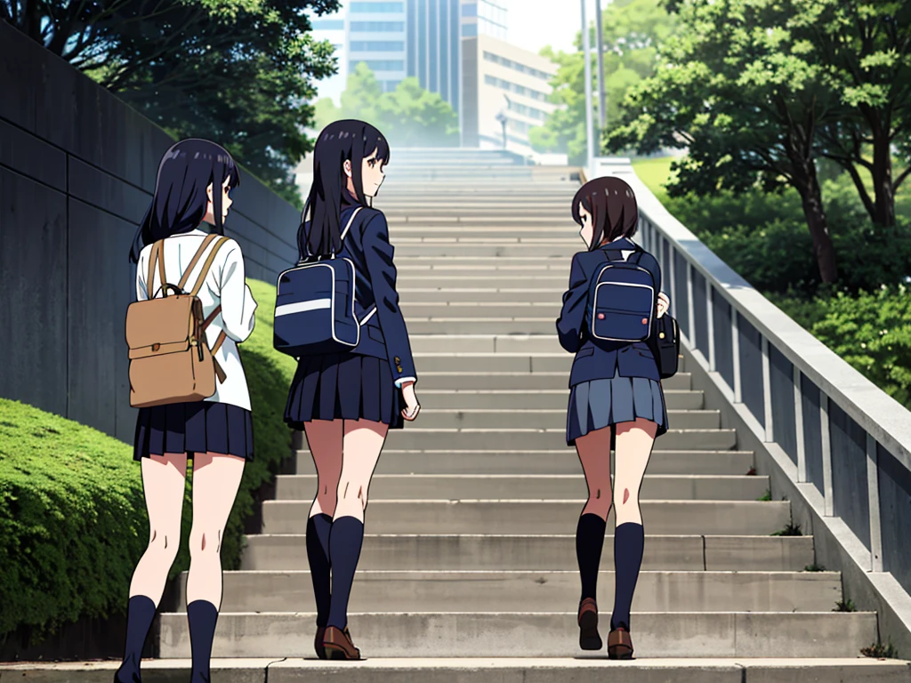 ((highest quality)), ((masterpiece)), (Familiar), (High resolution), 8k, Best Shadow, The best natural light, Cinematic, Climbing the stairs３People high school girls、Navy Blazer、Navy Ultra Mini Skirt、(Looking back and scorning)、(loose socks)、(school bag), ((Back view))、Secret photos、((Backward low angle))、Navy blue socks close up、Manga panel layout、Manga style、Manga Design、(Shibuya Ward&#39;large staircase:1.4)、evening、On the way home、Lace panties