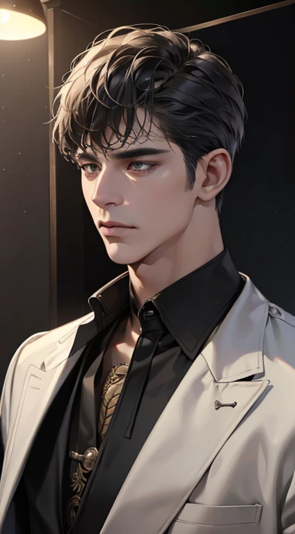 (best quality, masterpiece, 8 thousand, realistic, cinematic lighting, 1:4 HDR images, very detailed, beautiful photos), mature man, very handsome, ((cold expression)), black short hair, black eye, A perfect face without any mistakes, ((Buttoning my jacket, chief executive))