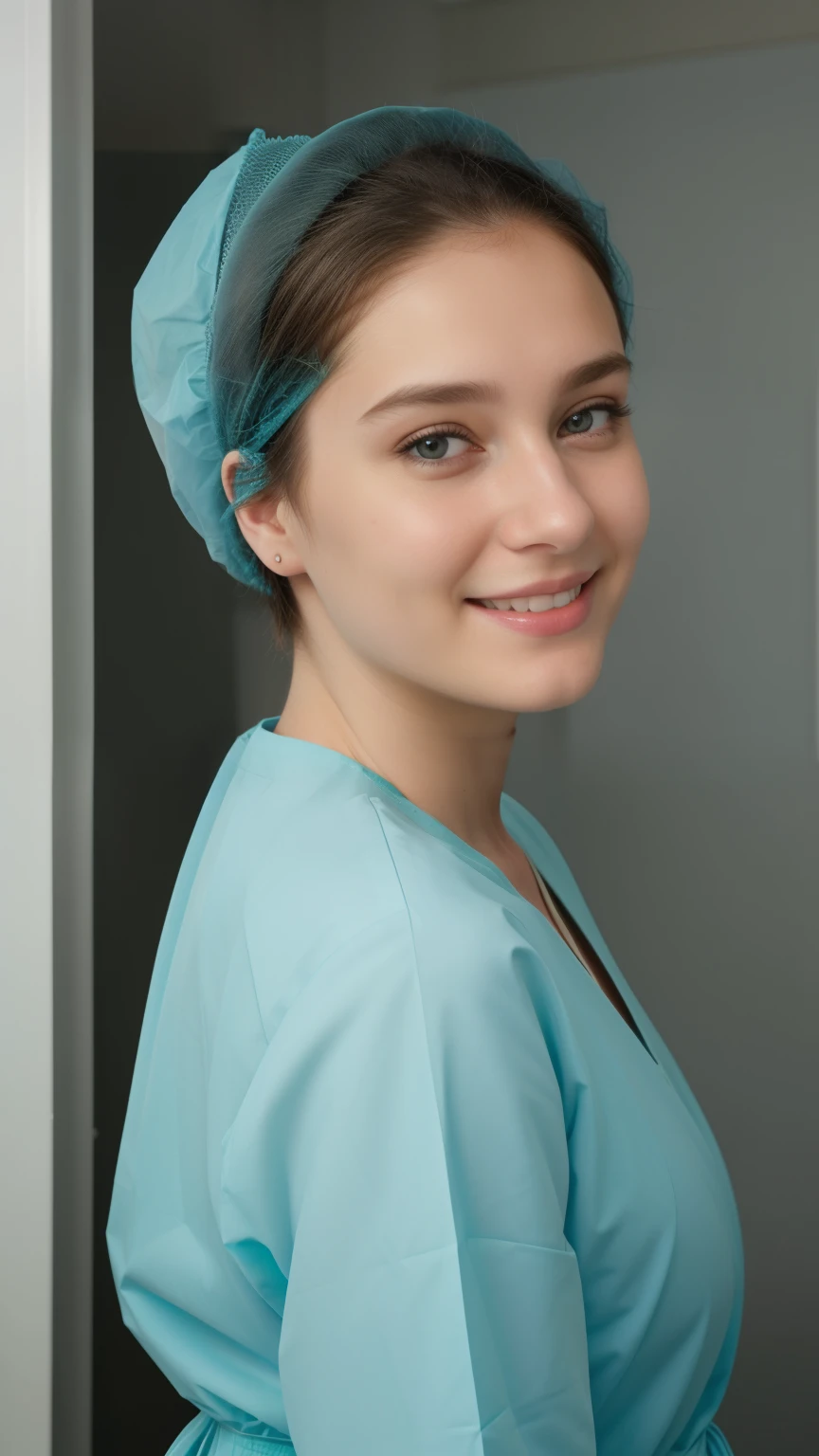 A Realistic Portrait, of a german teenager girl, pediatric patient ,15 years old,, Beautiful, detailed face, detailed eyes, (realistic skin:1.3), (pale skin:1.1), (textured skin:1.3), (()), big smile, (iphone photograph), ), (artificial lighting:1.3), looking at the camera, , amateur Photography, Photorealistic, Detailed, analog, poor quality, standing in medical change room, beautiful face, big eyes, big smile, detailed face, wears teal nylon patient gown with , putting long patient gown on, back-tied patient gown,, high closed crew-neck, bokeh, all wearing large teal nylon bouffant cap , , large surgical bouffant cap covering hair and ears, ultra-short hair fully covered by nylon shower cap, no hair tails, standing in hospital room