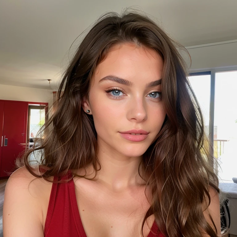 Belle brune aux reflets blonds portant en soutien gorge sexy rouge (dans une salle ), very detailed, 22 ans, , , visage innocent, natural wavy hair, yeux bleus, high resolution, chef-d'artwork, Best quality, Intricate details, very detailed, Sharpness, detailed skin, texture de peau réaliste, texture, detailed eyes, professionnel, 4k, sourire charmant, shot with Canon, 85mm, faible profondeur de champ, Couleur de vision Kodak, corps parfaitement ajusté , Extremely detailed, la photographie_\(ultra\), photorealistic, Realistic, Post-traitement, Maximum details, roughness, vrai vie, ultra realistic, photorealism, la photographie, 8k euh, la photographie, gros seins,from the back looking at the camera ,et touchant ses fesses