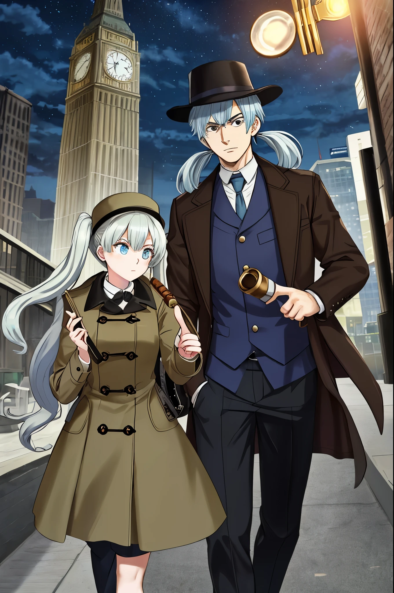 Female Sherlock Holmes　Light blue long hair　Beautiful girl with twin tails　Night in the city　Face Highlights　Hunting hat and brown long coat　Investigating with a large magnifying glass　A cigar in his hand