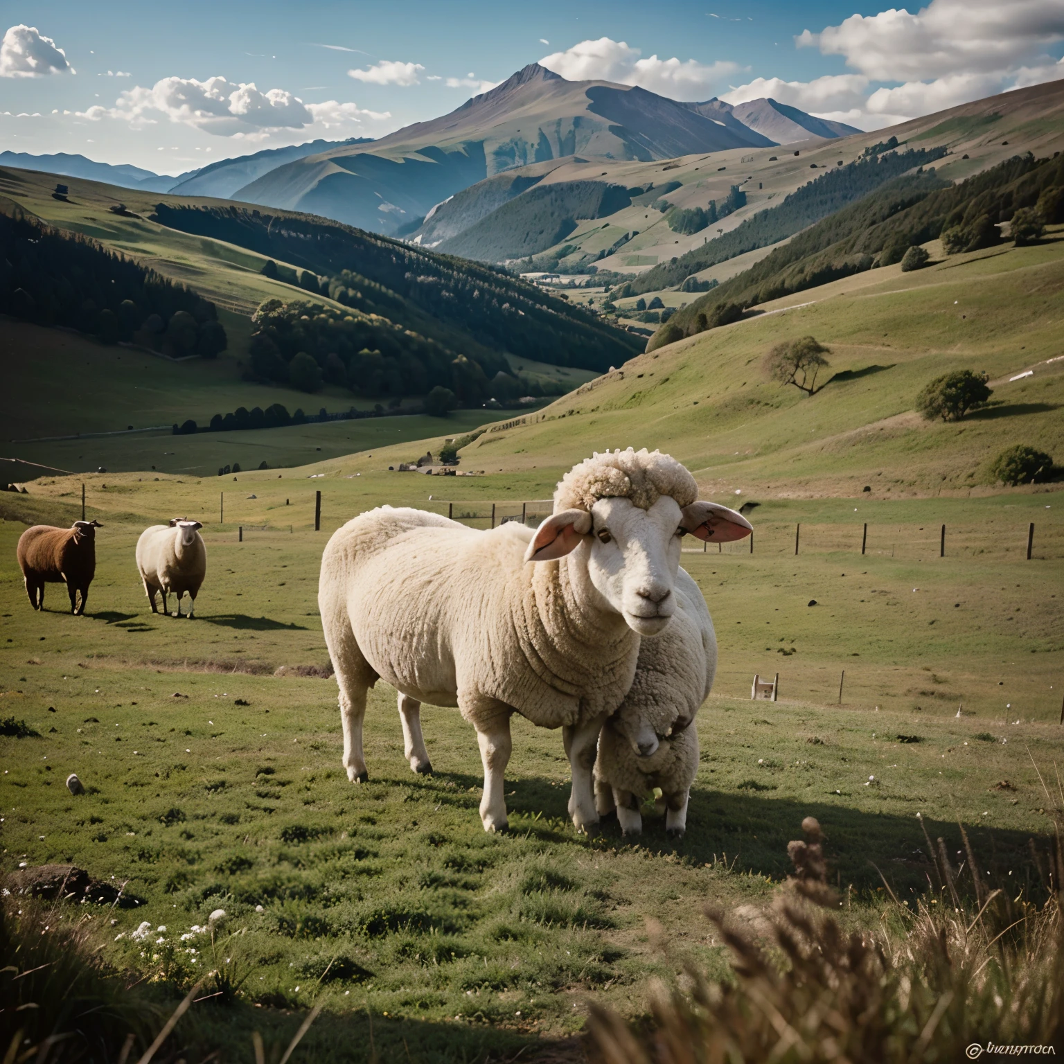 Make a sheep eating grass standing with the owner behind touching it and a landscape in the background, que sea animado