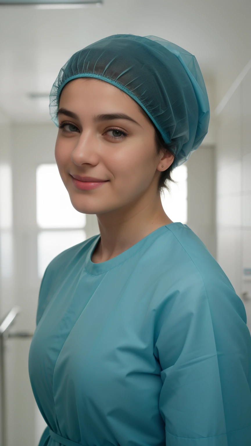 A Realistic Portrait, of a spanish teenager girl, pediatric patient ,,, Beautiful, detailed face, detailed eyes, (realistic skin:1.3), (pale skin:1.1), (textured skin:1.3), (()), big smile, (iphone photograph),  ), (artificial lighting:1.3),  looking at the camera, , amateur Photography, Photorealistic, Detailed, analog, poor quality, standing in medical change room, beautiful face, big eyes, big smile, detailed face, wears teal nylon patient gown with  , putting long patient gown on, back-tied patient gown,, high closed crew-neck, bokeh, all wearing large teal nylon bouffant cap , , large surgical bouffant cap covering hair and ears, ultra-short hair fully covered by nylon shower cap, no hair tails, standing in hospital room