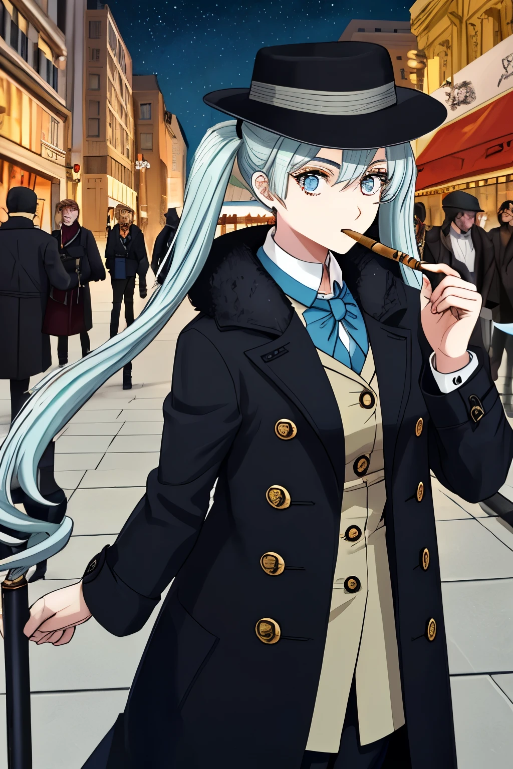 Female Sherlock Holmes Light blue long hair Beautiful girl with twin tails Night in the city Face Highlights Hunting hat and brown long coat Investigating with a large magnifying glass A cigar in his hand