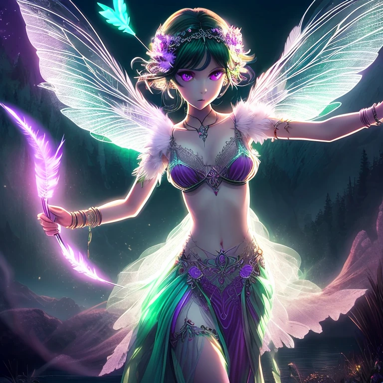 Transparent Sylphid, goddess, Gothic,Long Green Hair, Light purple eyes, jewelry, bracelet, Feather Lingerie,Arrow of Light, fire Fly,night,lake