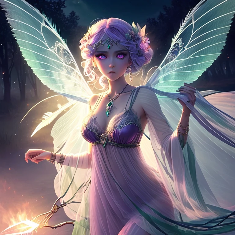 Transparent Sylphid, goddess, Gothic,Long Green Hair, Light purple eyes, jewelry, bracelet, Feather Lingerie,Arrow of Light, fire Fly,night,lake