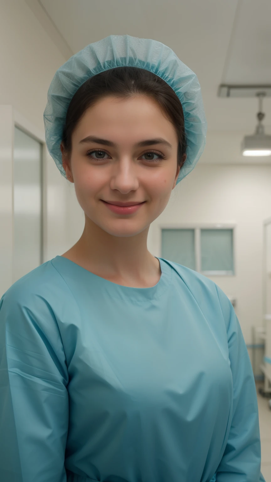 A Realistic Portrait, of a italian ager girl, pediatric patient ,17 yeautiful, detailed face, detailed eyes, (realistic skin:1.3), (pale skin:1.1), (textured skin:1.3), (()), big smile, (iphone photograph), ), (artificial lighting:1.3), looking at the camera, , amateur Photography, Photorealistic, Detailed, analog, poor quality, standing in medical change room, beautiful face, big eyes, big smile, detailed face, wears teal nylon patient gown with , putting long patient gown on, back-tied patient gown,, high closed crew-neck, bokeh, all wearing large teal nylon bouffant cap , , large surgical bouffant cap covering hair and ears, ultra-short hair fully covered by nylon shower cap, no hair tails, standing in hospital room