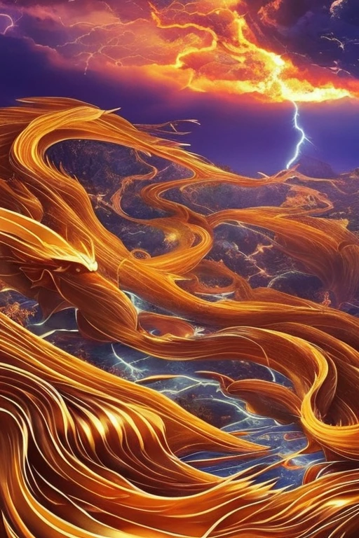 So sublime and divine々A beautiful golden dragon coiled up in the center of the screen, glaring at the camera.。金色のThe dragon is幸せをもたらす神なのでとても有難い存在である。The surrounding area is a canyon where no one can get close, and lightning is flashing in the background.、The sun is shining brightly。The dragon is、I want a realistic image。