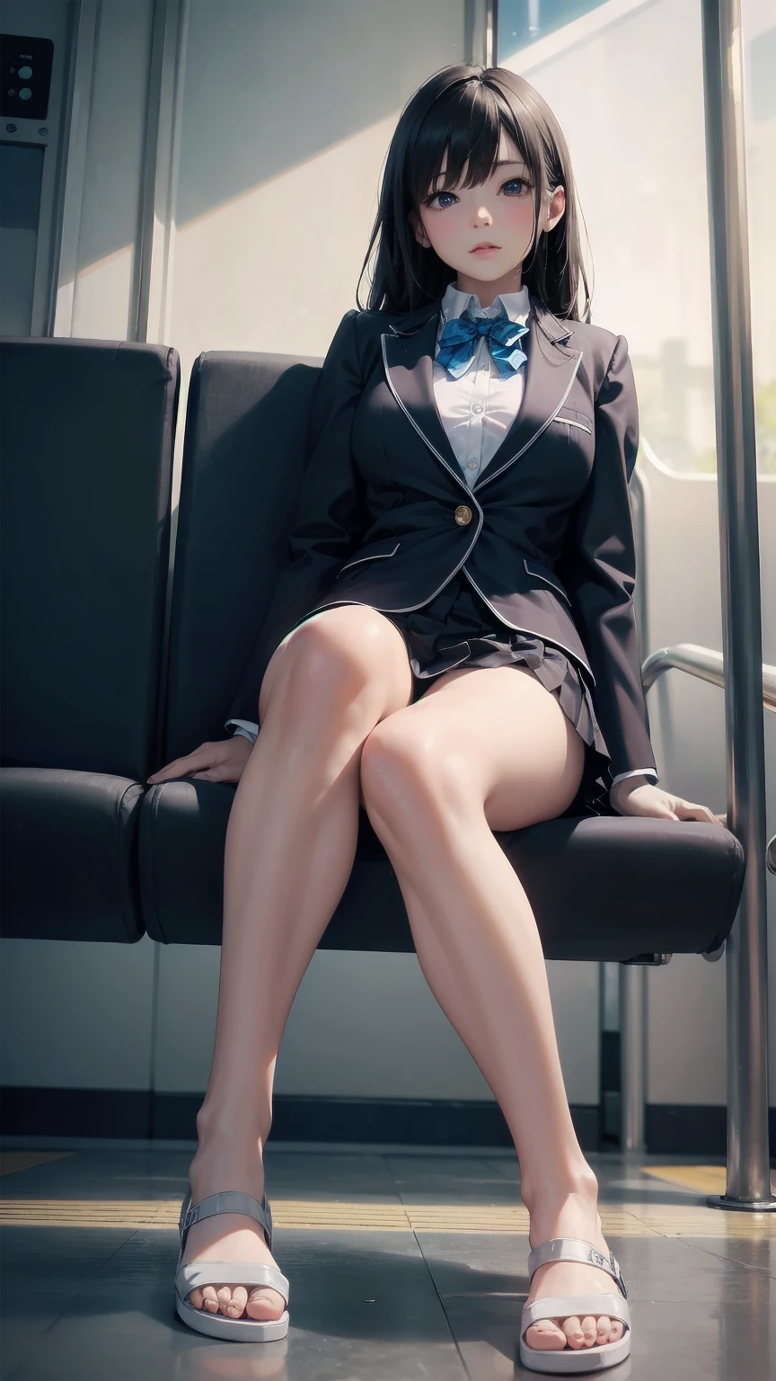 "(masterpiece, High resolution, Ultra High resolution, 4K) Black Hair,  Japanese girl, Uniform skirt, Accentuate your thighs, White thighs, Soft thighs, Gorgeous thighs, Sitting on a train, Alignment angle, (Angle from below),sitting in a train seat,Sit in front,Crotch Zoom Camera,Put your feet on the train floor,whole body,Looking down and sleepy,Only looking at the audience", highest quality, 超High resolution, (Realistic:1.4),, High resolution, Familiar, RAW Photos, Shapuri, Nikon D850 film stock photo by Lee Jefferies 4 Kodak Portra 400 camera F1.6 lens rich colors hyper Realistic lively textures dramatic lighting unreal engine artstation trends cinestir 800,only、Footjob、Nipples are visible、I can see your chest、only、