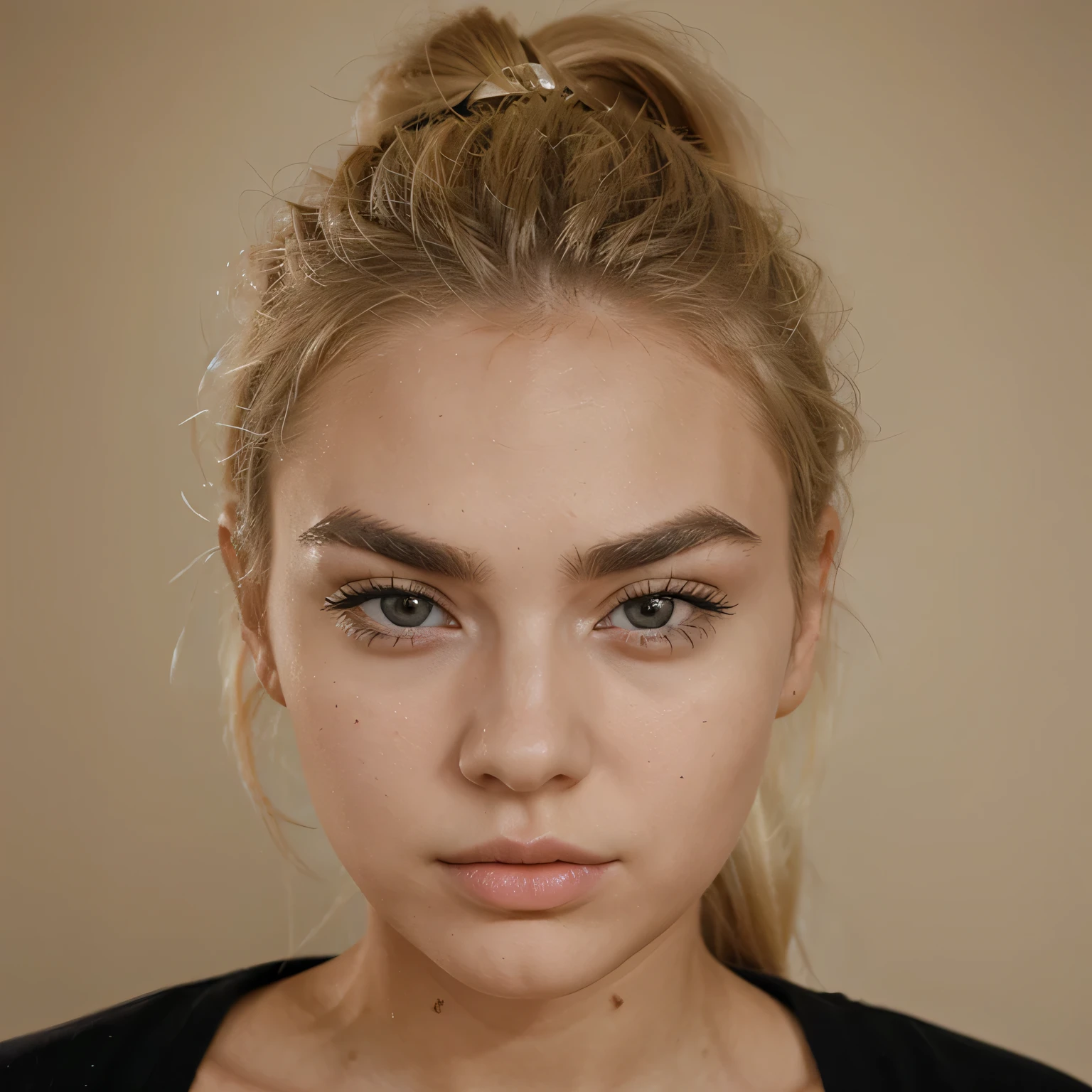 blonde girl, portrait, hairstyle in a ponytail, plump lips, serious expression, thick eyebrows