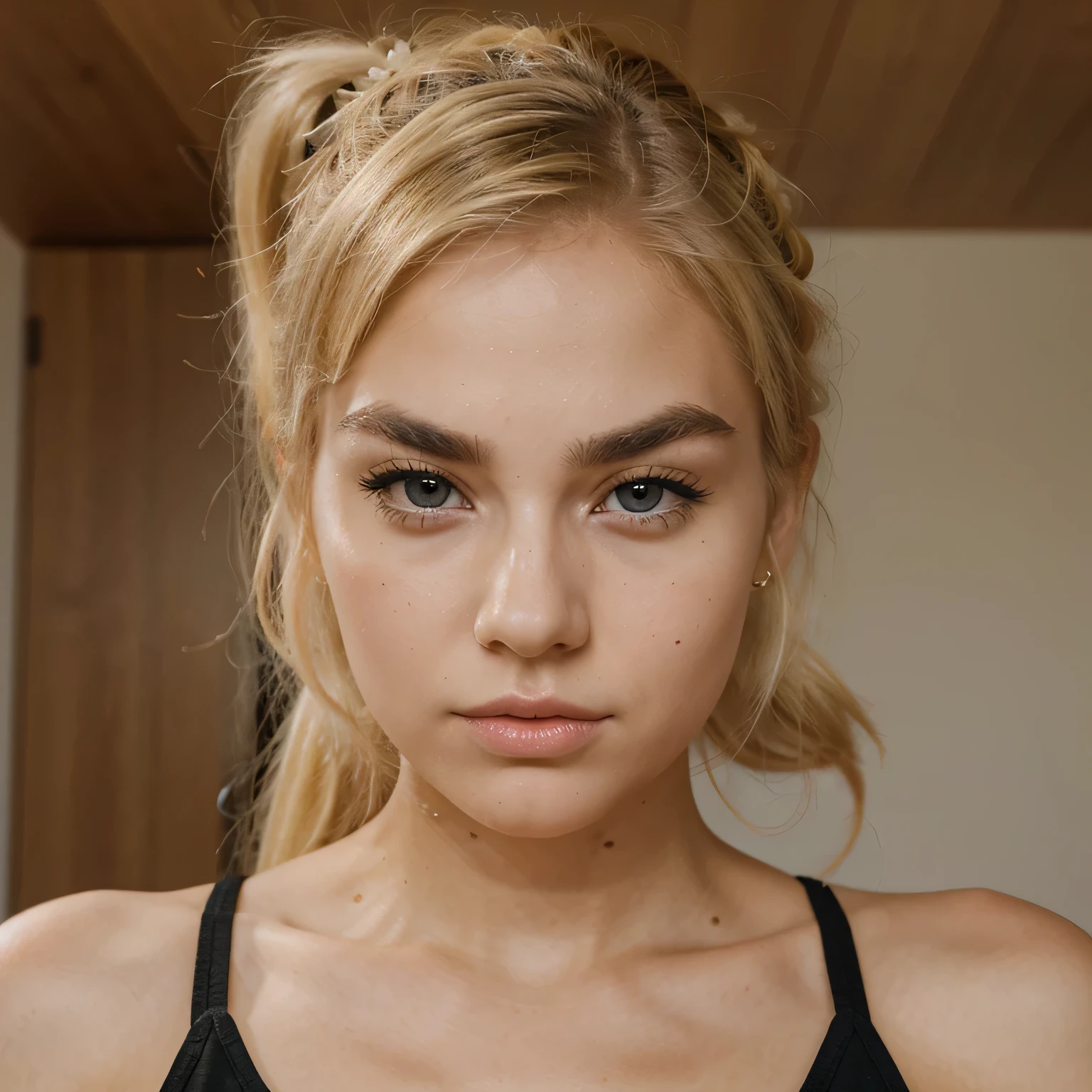 blonde girl, portrait, hairstyle in a ponytail, plump lips, serious expression, thick eyebrows