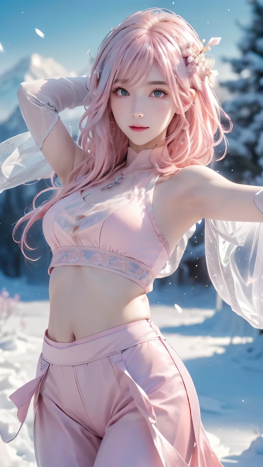 () ,girl、(Bunny ears headband)。(Random Nudes),Exhibitionism,((Random exposure of genitals))。 Beautiful areola。Small breasts. Thin Hair。(On top of a snowy mountain). Detailed and complex background。((Bright pink hair))。(Round face). ((Long Straight Hair)). Cute smile. Idol's face. Smooth Hair. Thin Hair. White skin. Cute pose with legs apart. Takagi-san