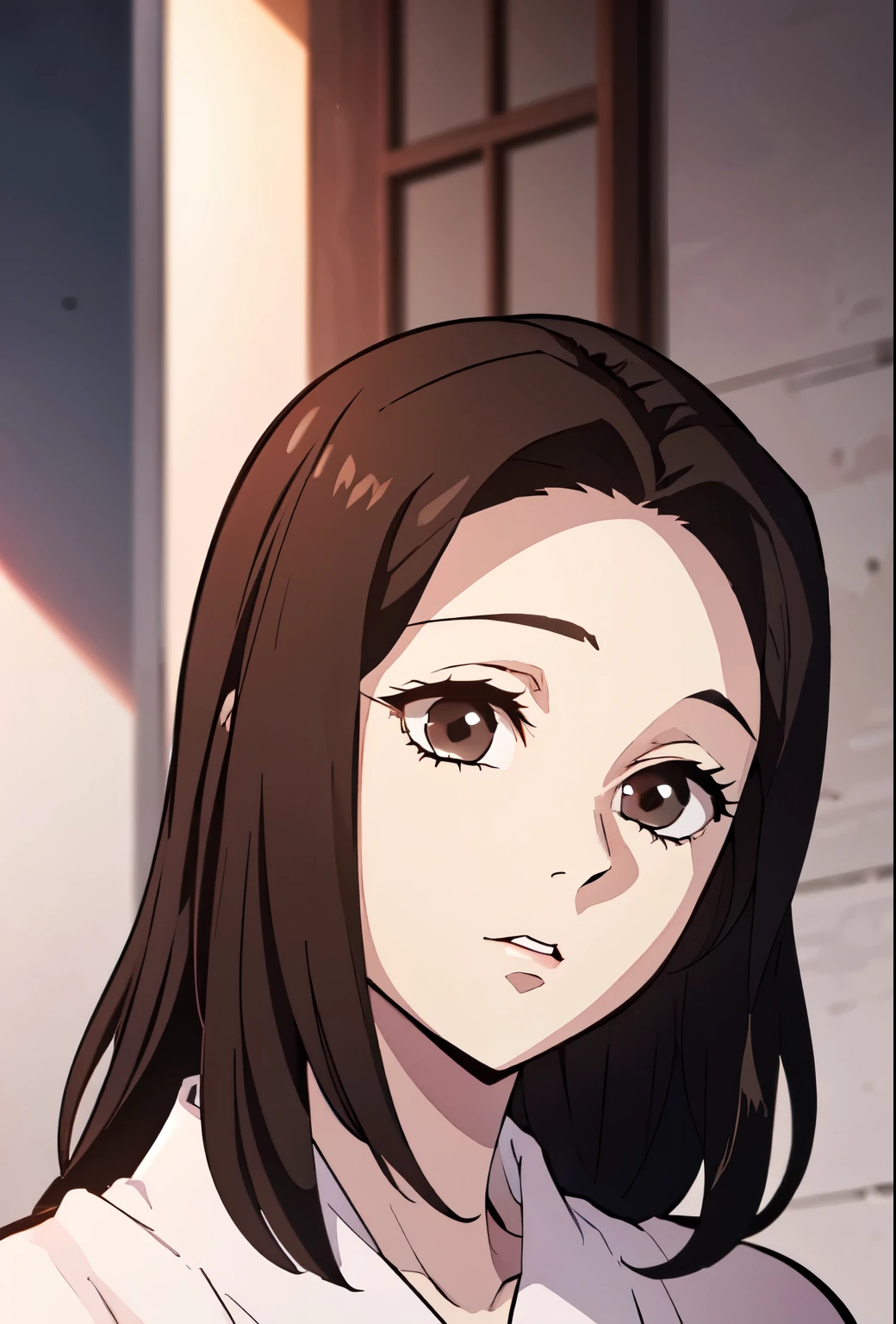 Girl, soft long brown hair, gray eyes, sharp features, white skin, pink lips, beautiful