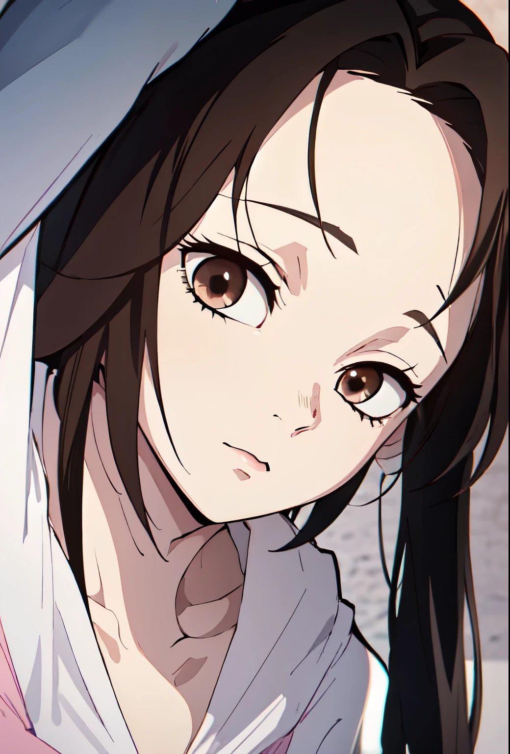Girl, soft long brown hair, gray eyes, sharp features, white skin, pink lips, beautiful