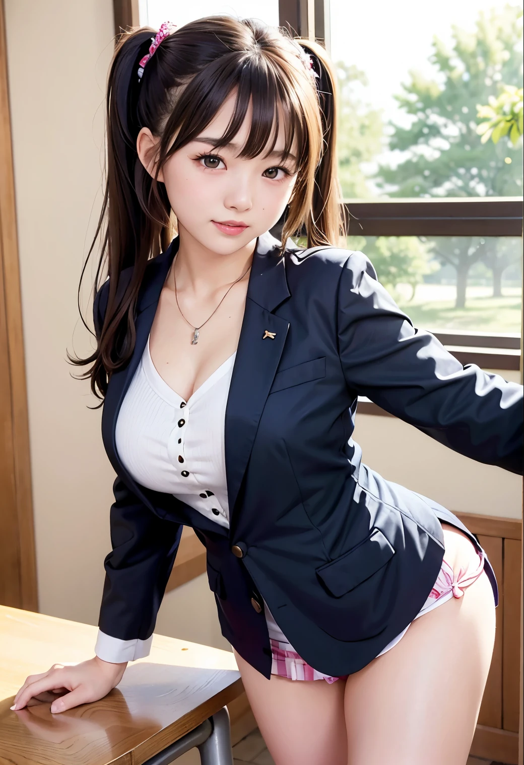 8K、top-quality、​masterpiece:1.2、Real 1.5、Realistic 1.5、Photorealsitic:1.3、Female, 20 years old、The shirt、blazers、Colossal tits、visible、panty visible、a miniskirt、Skirt up、A smile