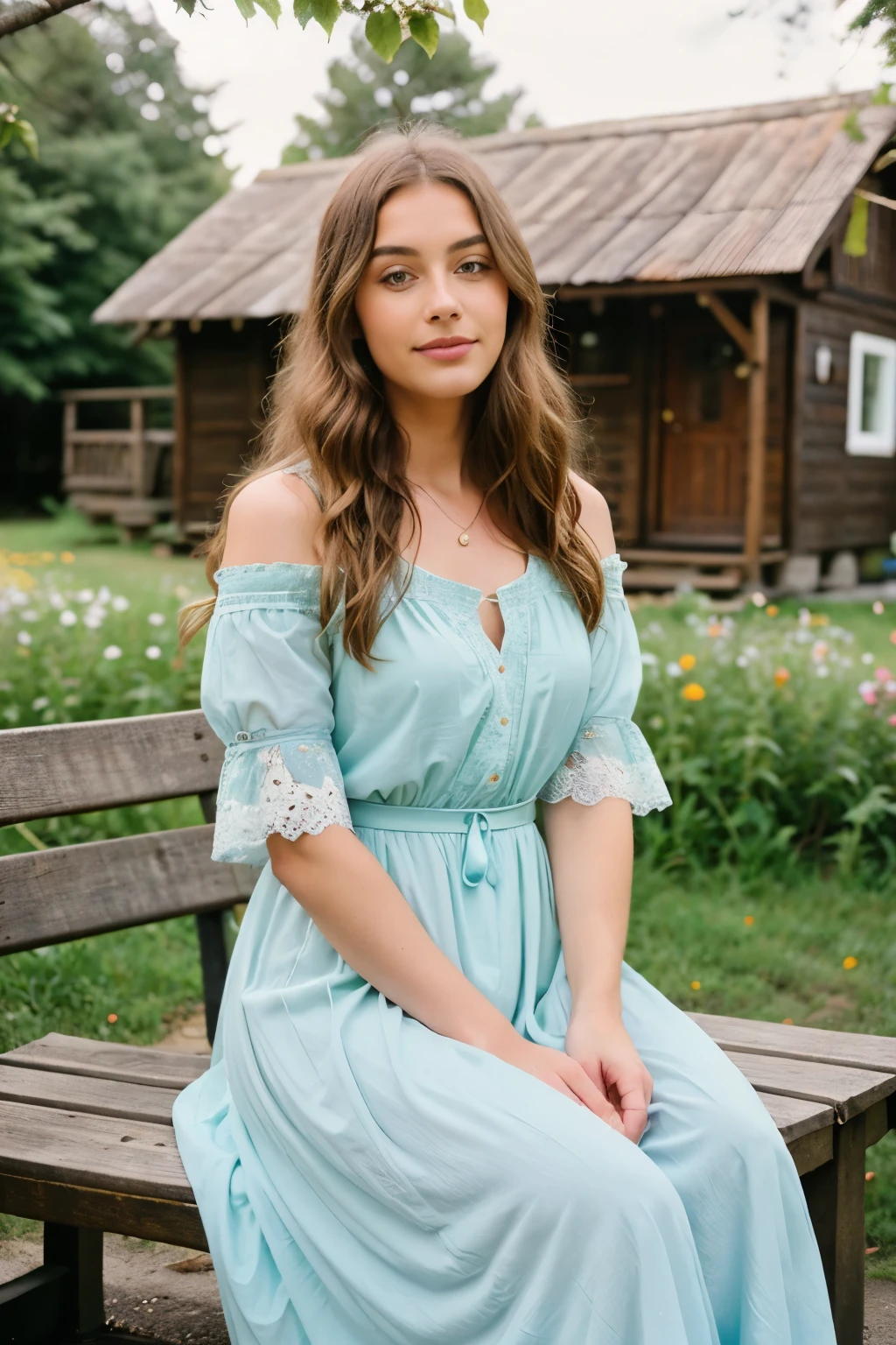 Photorealistic, ultra-detailed, Stunning Influencer, Fashion Cottagecore Portrait, Solo, sitting on a vintage wooden bench, surrounded by blooming flowers and a quaint, rustic cottage, picturesque countryside landscape, soft lighting, bright and sunny day, the essence of a fairytale, long wavy chestnut hair, twenty-four years old, warm, friendly, and inviting smile, showcasing a pastel-colored, flowing maxi dress, highlighting her fashionable, vintage accessories, shallow depth of field, Kodak Portra 400 film, highly detailed, intricate lace patterns, professional post-processing, maximized details, natural