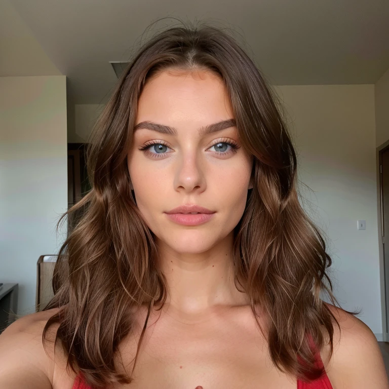 Belle brune aux reflets blonds portant en soutien gorge sexy rouge (dans une salle ), very detailed, 22 ans, , , visage innocent, natural wavy hair, yeux bleus, high resolution, chef-d&#39;artwork, Best quality, Intricate details, very detailed, Sharpness, detailed skin, texture de peau réaliste, texture, detailed eyes, professionnel, 4k, sourire charmant, shot with Canon, 85mm, faible profondeur de champ, Couleur de vision Kodak, corps parfaitement ajusté , Extremely detailed, la photographie_\(ultra\), photorealistic, Realistic, Post-traitement, Maximum details, roughness, vrai vie, ultra realistic, photorealism, la photographie, 8k euh, la photographie, gros seins,from the back looking at the camera ,et touchant ses fesses 