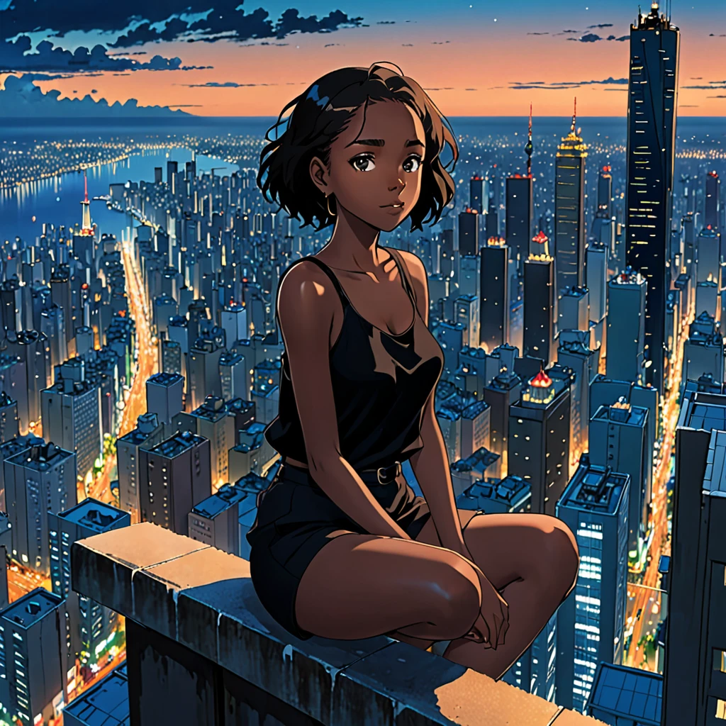 a african girl wearing black top sitting on a skyscraper edge, by studio ghibli, city scenery, detailed illustration, official art, in the style of kawacy, graceful movement, nocturne, composed, hd wallpapers