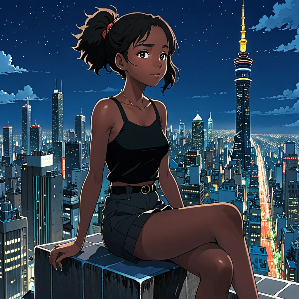 a african girl wearing black top sitting on a skyscraper edge, by studio ghibli, city scenery, detailed illustration, official art, in the style of kawacy, graceful movement, nocturne, composed, hd wallpapers