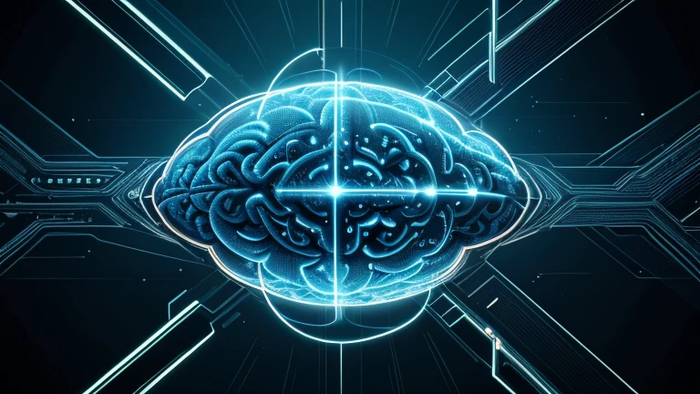 Create an image taking into account the following instructions:
Tipo de Imagem: Central Focus digital illustration: Uma mente brilhante (brain) interligada com redes digitais
Luminosidade: Alta, with a glow emanating from the Camera Angle connections: Front view slightly tilted upwards Features: Highlighted neural connections, technological details Details: Pulsating lights at connection points Surrounding Environment: Abstract background with binary codes and circuits: Gradiente escuro com toques de azul e verde