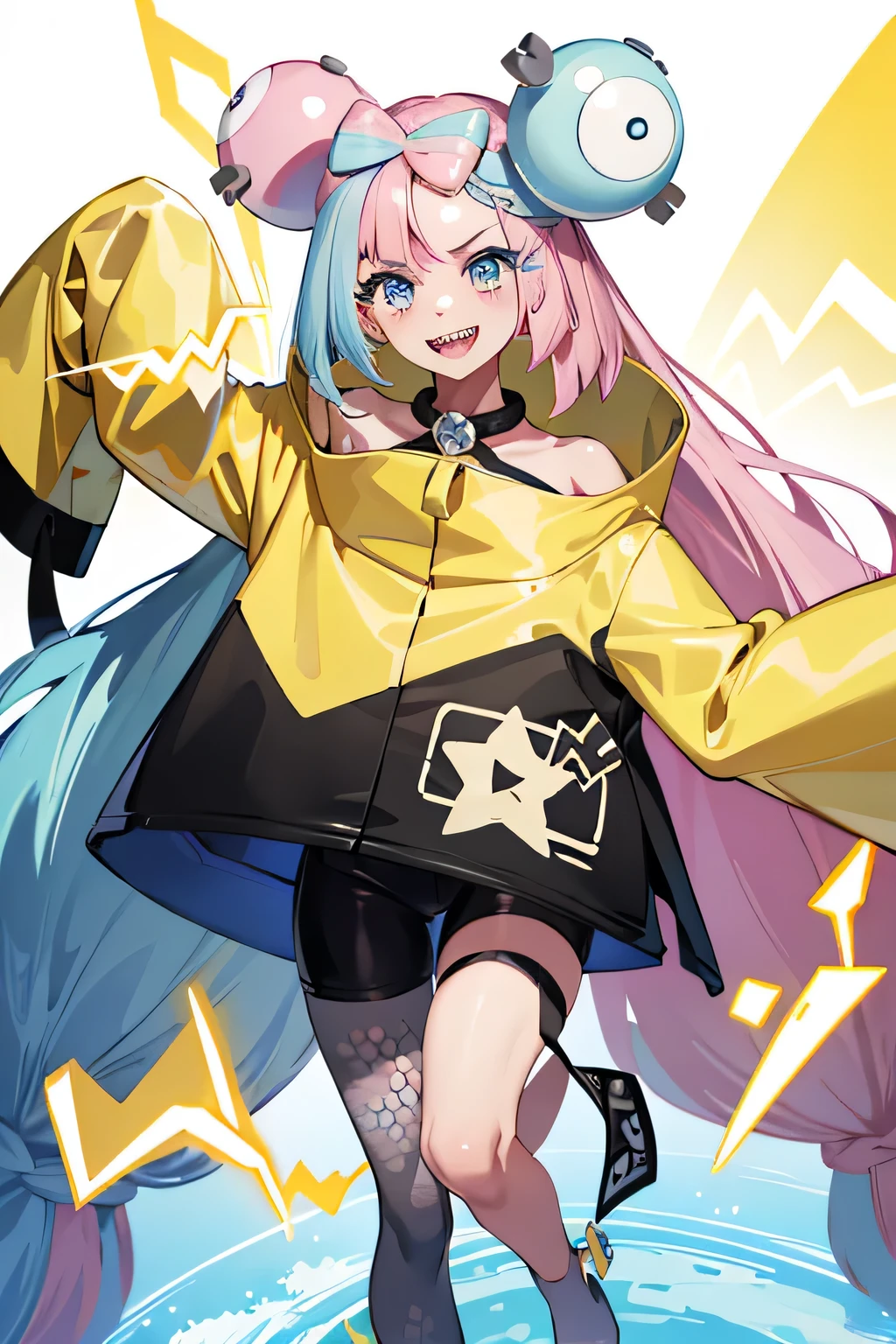 Highest quality、masterpiece、Anime Style、Pink hair and blue eyes、Yellow Jacket、Raise your right hand、Lower your left hand、Stand with only your right foot、Lift your left leg。Sharp teeth、smile、White background、