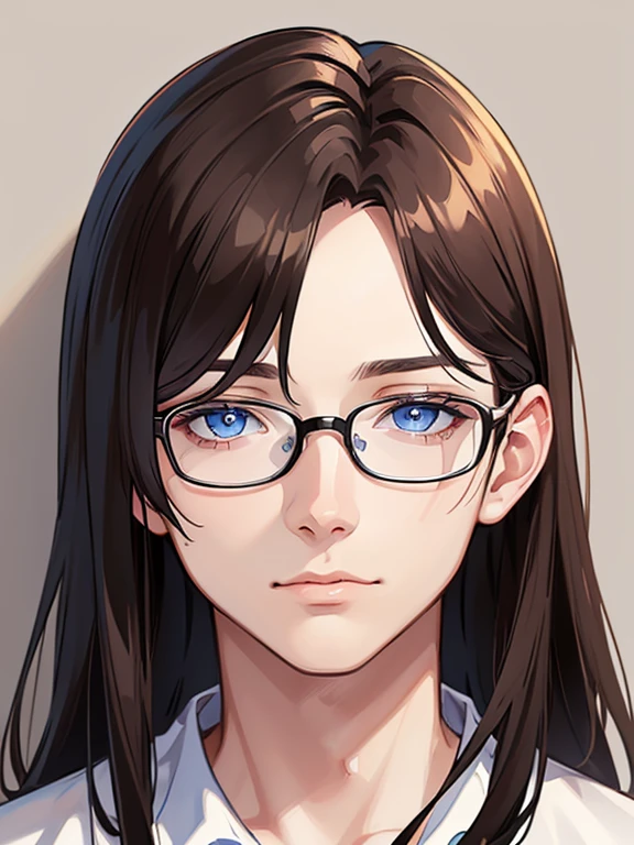 masterpiece, best quality, 1boy, brunette hair, blue eyes, glasses, white shirt, mugshot, wall background, detailed eyes, detailed facial features, realistic and high resolution (best quality, 4k, 8k, highres, masterpiece:1.2)