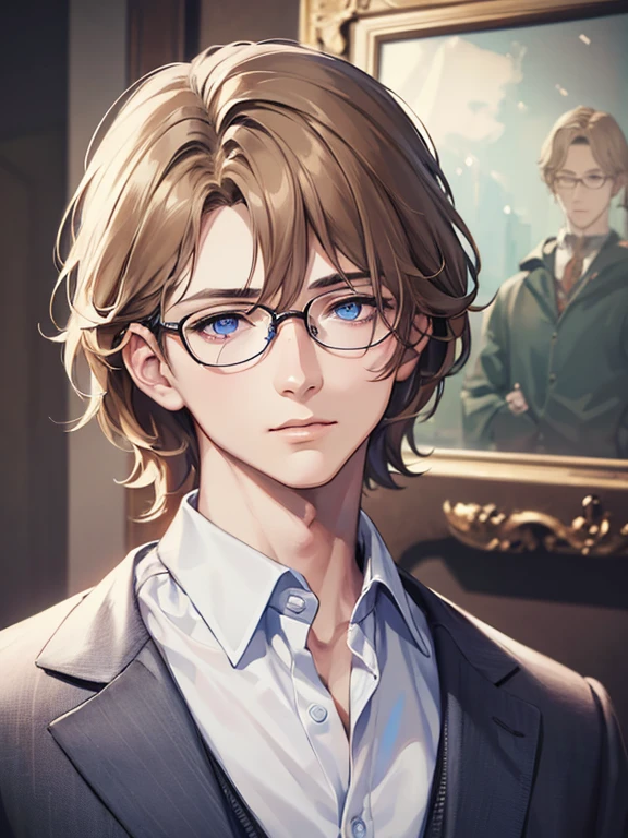 masterpiece, best quality, 1boy, brunette hair, blue eyes, glasses, white shirt, mugshot, wall background, detailed eyes, detailed facial features, realistic and high resolution (best quality, 4k, 8k, highres, masterpiece:1.2)
