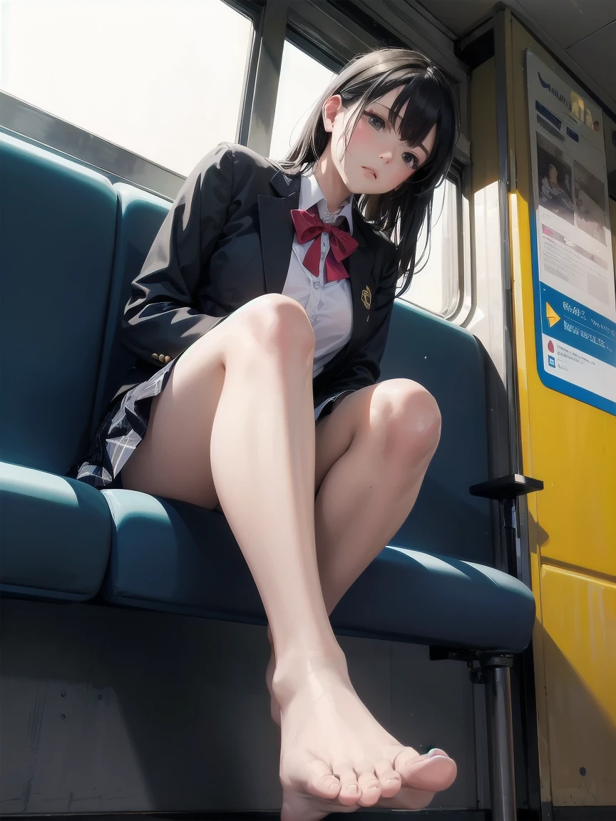 "(masterpiece, High resolution, Ultra High resolution, 4K) Black Hair, 14 year old Japanese girl, Uniform skirt, Accentuate your thighs, White thighs, Soft thighs, Gorgeous thighs, Sitting on a train, Orientation angle, (Angle from below),sitting in a train seat,Sit in front,Crotch Zoom Camera,Put your feet on the train floor,whole body,Looking down and sleepy,Only watching the audience", highest quality, 超High resolution, (Realistic:1.4),, High resolution, Familiar, RAW Photos, Shapuri, Nikon D850 film stock photo by Lee Jefferies 4 Kodak Portra 400 camera F1.6 lens rich colors hyper Realistic lively textures dramatic lighting unreal engine artstation trends cinestir 800,Footjob、Nipples are visible、My chest is visible、sole、Open chest、soleが見えている、Trying to trample、Trying to rub with legs、