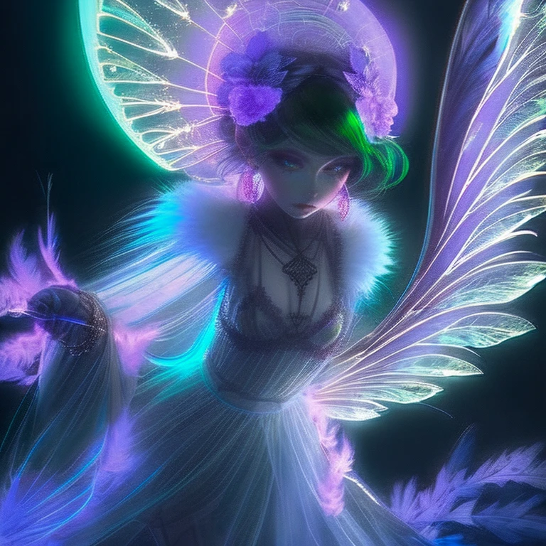 Transparent Sylphid, goddess, Gothic,Long Green Hair, Light purple eyes, jewelry, bracelet, Feather Lingerie,Arrow of Light, fire Fly,night,lake