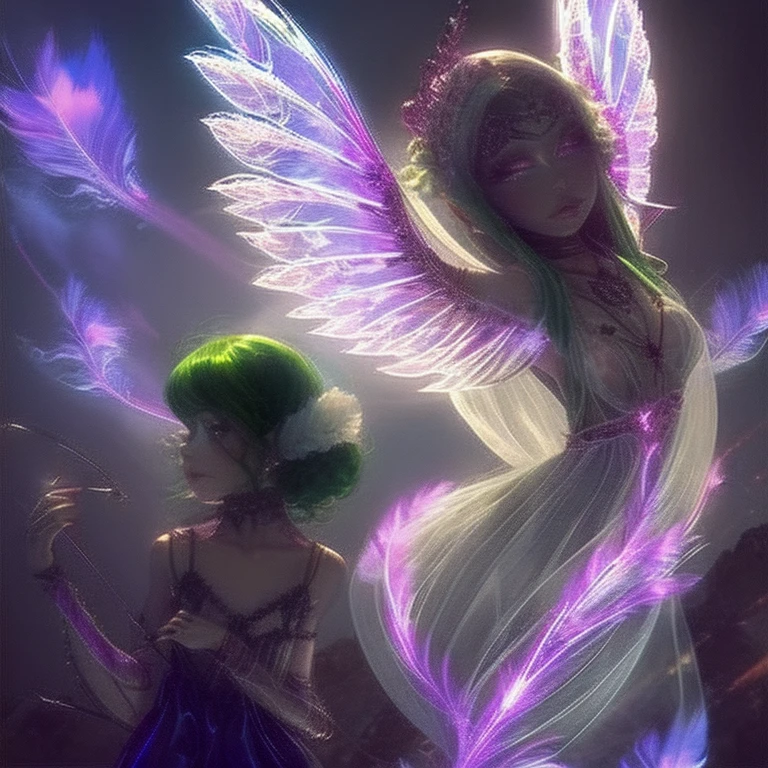 Transparent Sylphid, goddess, Gothic,Long Green Hair, Light purple eyes, jewelry, bracelet, Feather Lingerie,Arrow of Light, fire Fly,night,lake