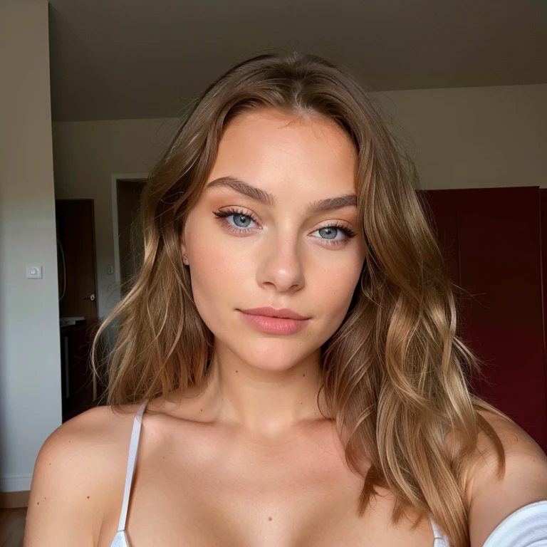 Belle brune aux reflets blonds portant en soutien gorge sexy rouge (dans une salle ), very detailed, 22 ans, , , visage innocent, natural wavy hair, yeux bleus, high resolution, chef-d'artwork, Best quality, Intricate details, very detailed, Sharpness, detailed skin, texture de peau réaliste, texture, detailed eyes, professionnel, 4k, sourire charmant, shot with Canon, 85mm, faible profondeur de champ, Couleur de vision Kodak, corps parfaitement ajusté , Extremely detailed, la photographie_\(ultra\), photorealistic, Realistic, Post-traitement, Maximum details, roughness, vrai vie, ultra realistic, photorealism, la photographie, 8k euh, la photographie, gros seins,from the back looking at the camera ,et touchant ses fesses