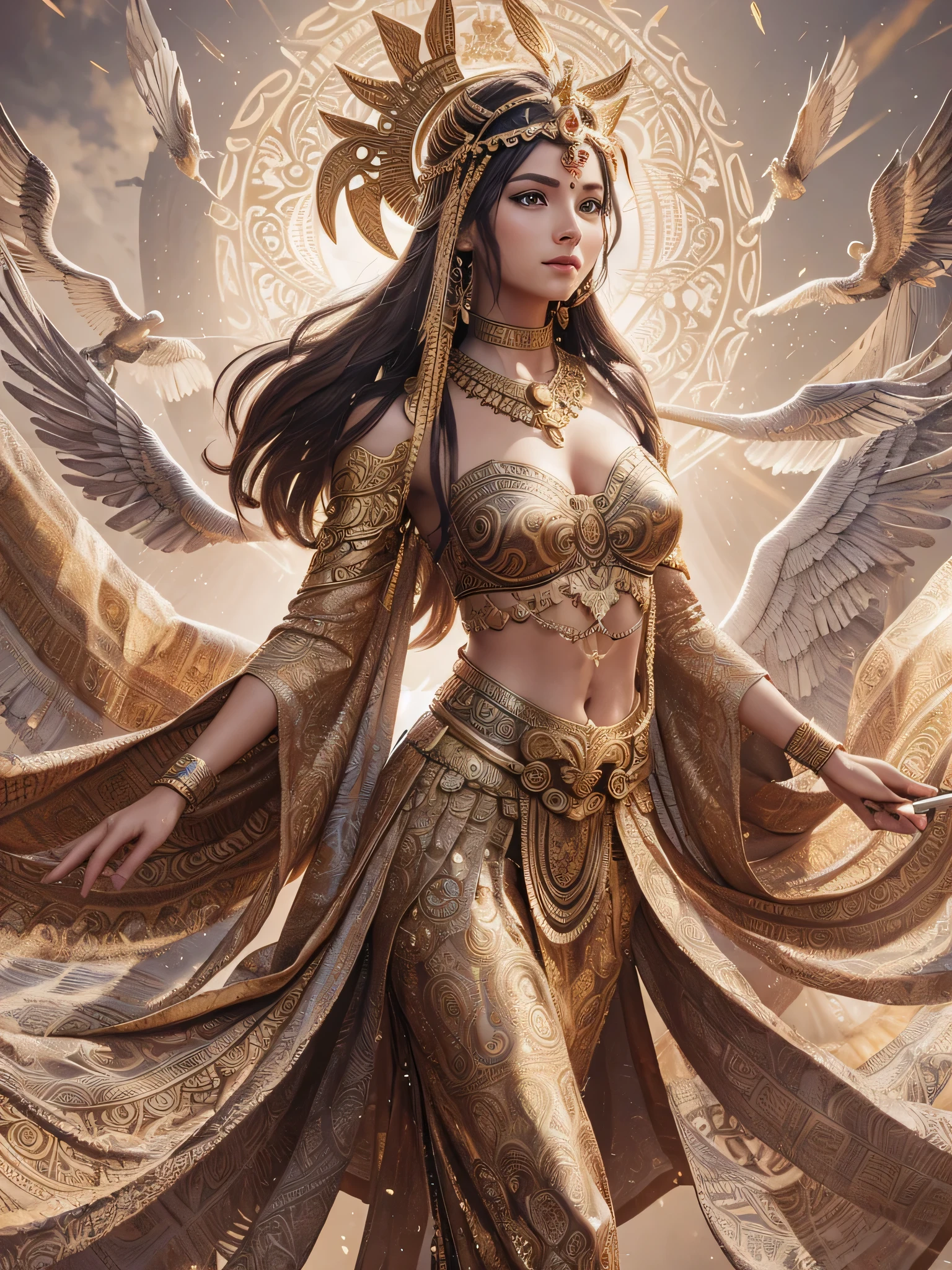 3D image character of goddess Athena wearing a batik outfit, with wings, staff, Shield of medusa head, and ancient Greek symbols. The image should be realistic, high quality, with vibrant and rich colors, golden accents, a majestic pose with outstretched arms, an ethereal quality background, soft otherworldly lighting, with emphasized highlights on her face and hands, ensuring the overall composition has a balanced and dynamic feel