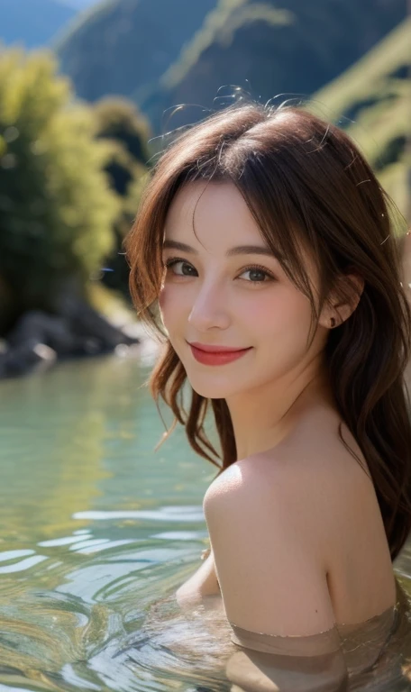 Femme de 25 ans, seductive look, sourire romantique, fine, brune, yeux verts, masterclass, 8K, UHD, HD, High quality, poitrine, dans un onsen, sexy, topless, in a mountain river