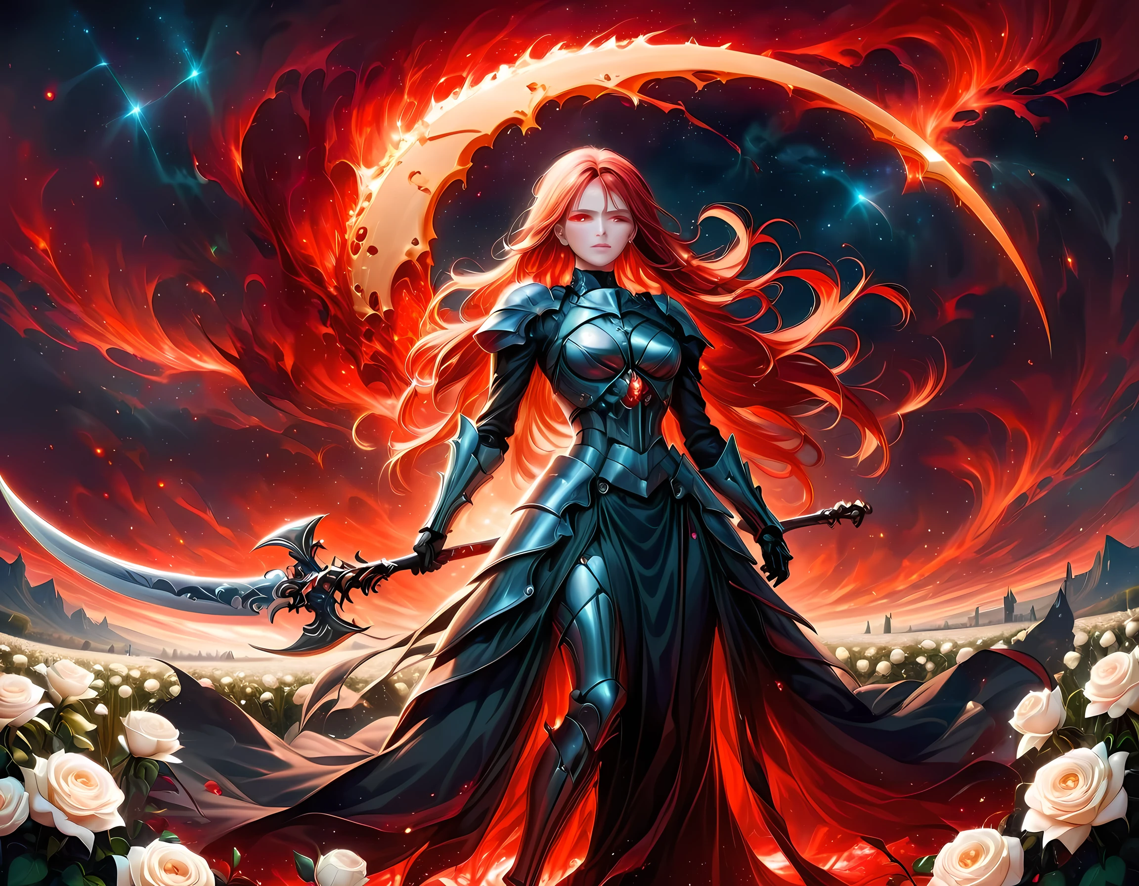 dark fantasy art, a female skeletal grim reaper in a field of white roses, the reaper has (skeletal head: 1.3) , long (red: 1.2) hair , red glowing eyes, she wears black robes, and black armor dress, ArmoredDress, flowing robes, she holds a scythe, in her arms, the scythe is dripping blood, a field of white roses background (best details, Masterpiece, best quality: 1.4), dynamic range, ultra wide shot, photorealism, depth of field, hyper realistic, RagingNebula