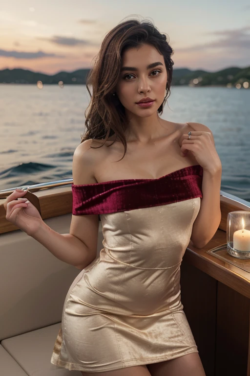 A beautiful girl chooses an elegant off-the-shoulder velvet dress with a thigh-high slit. A faux fur stole adds a touch of glamour. Ambient: The dinner cruise is illuminated by soft candlelight, and guests enjoy gourmet cuisine while sailing through winter waters. The sound of gentle waves and a romantic setting. She has a brown silky hair, big brown eyes, beautiful face, bright facial skin, impression-less, very beautiful Instagram model, realistic image. Dynamic composition, motion, ultra - detailed, incredibly detailed, a lot of details, amazing fine details and brush strokes, smooth.