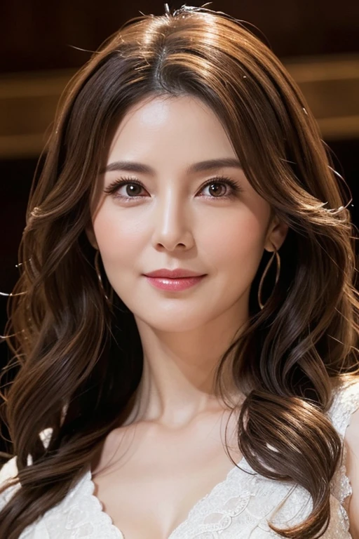 ８hair, Very detailed, masterpiece, highest quality, Photorealistic, Detailed face, Headshot, Fine Eyes, 40-year-old woman, 1 person, Cute Face, The lower lip is thick and full, (Facing forward), Nice body, ((Watching the audience)), (Elegant long wavy hair:1.1), Light clothing, Shapely bust