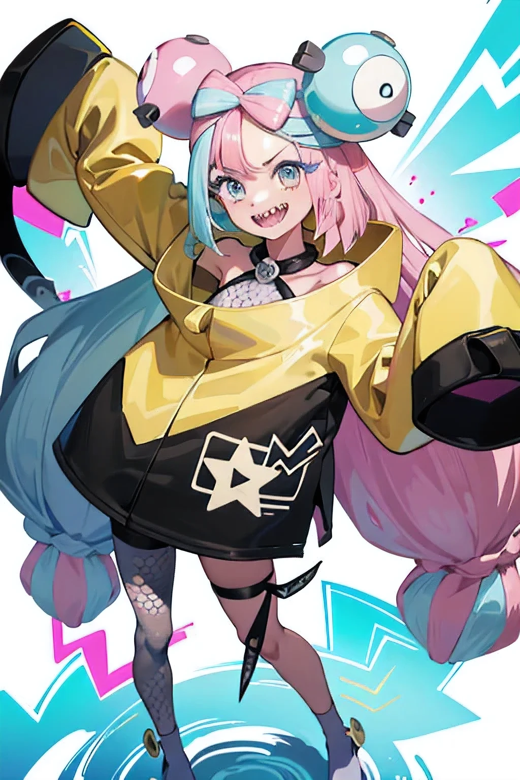 Highest quality、masterpiece、Anime Style、Pink hair and blue eyes、Yellow Jacket、Raise your right hand high、Lower your left hand、Stand with only your right foot、Lift your left leg。Sharp teeth、smile、White background、