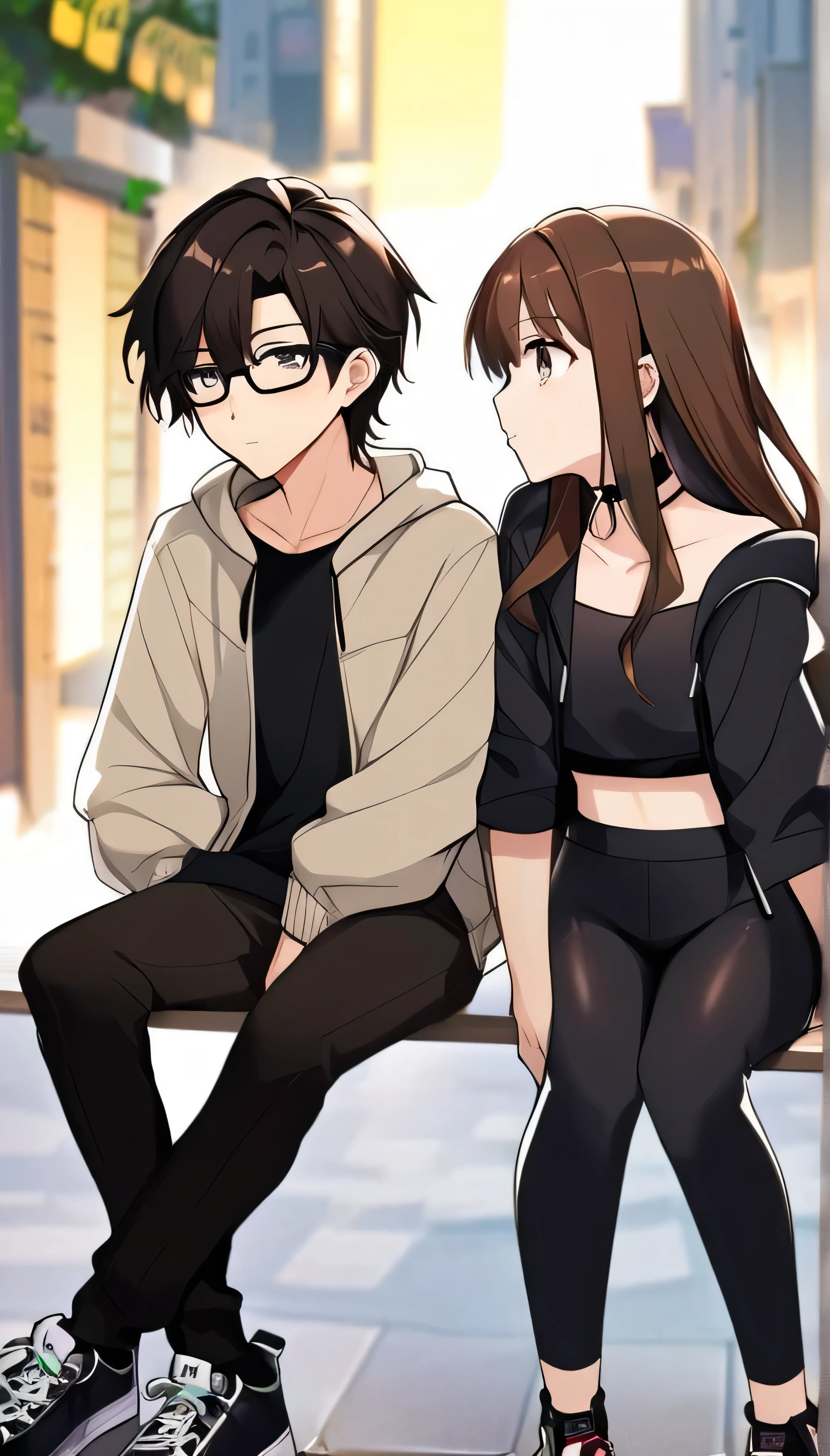 anime, two people, one 18 year old female with long brown hair wearing a choker and a crop top and leggings and no glasses, the other person is an 19 year old male with short dark brown hair and black rimmed glasses and an jacket, they are boyfriend and girlfriend