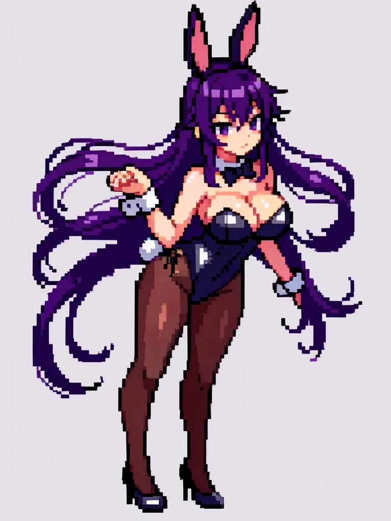 Pixel art, 6-life, full body,facing left,animal ears, rabbit ears, playboy bunny, 1girl, wrist cuffs, leotard, black leotard, fake animal ears, detached collar, tail, pantyhose,strapless leotard, solo, bow, long hair, strapless, bowtie, rabbit tail, high heels, purple hair'full body, black bowtie, brown legwear, white background, standing, black bow, simple background, hair ornament, looking at viewer, breasts,Big breasts,black footwear, cleavage,Saori Kido