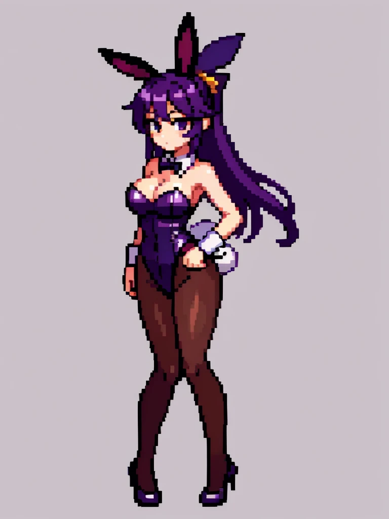 Pixel art, 6-life, full body,facing left,animal ears, rabbit ears, playboy bunny, 1girl, wrist cuffs, leotard, black leotard, fake animal ears, detached collar, tail, pantyhose,strapless leotard, solo, bow, long hair, strapless, bowtie, rabbit tail, high heels, purple hair'full body, black bowtie, brown legwear, white background, standing, black bow, simple background, hair ornament, looking at viewer, breasts,Big breasts,black footwear, cleavage,Saori Kido