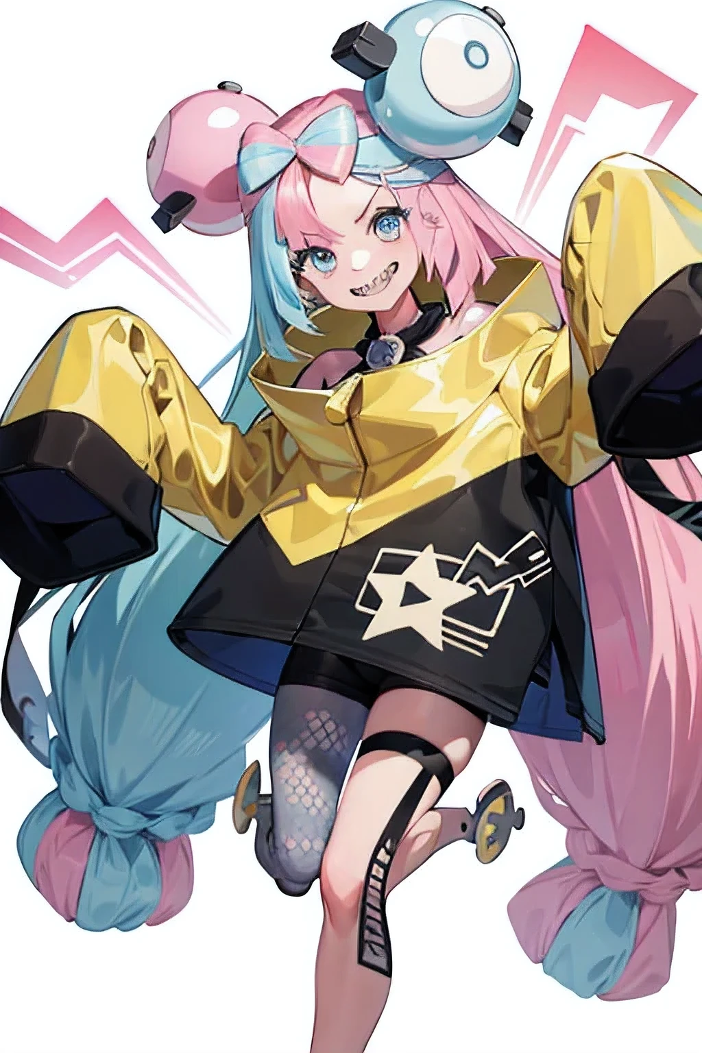 Highest quality、masterpiece、Anime Style、Pink hair and blue eyes、Yellow Jacket、Raise your right hand high、Lower your left hand、Stand with only your right foot、Lift your left leg。Sharp teeth、smile、White background、