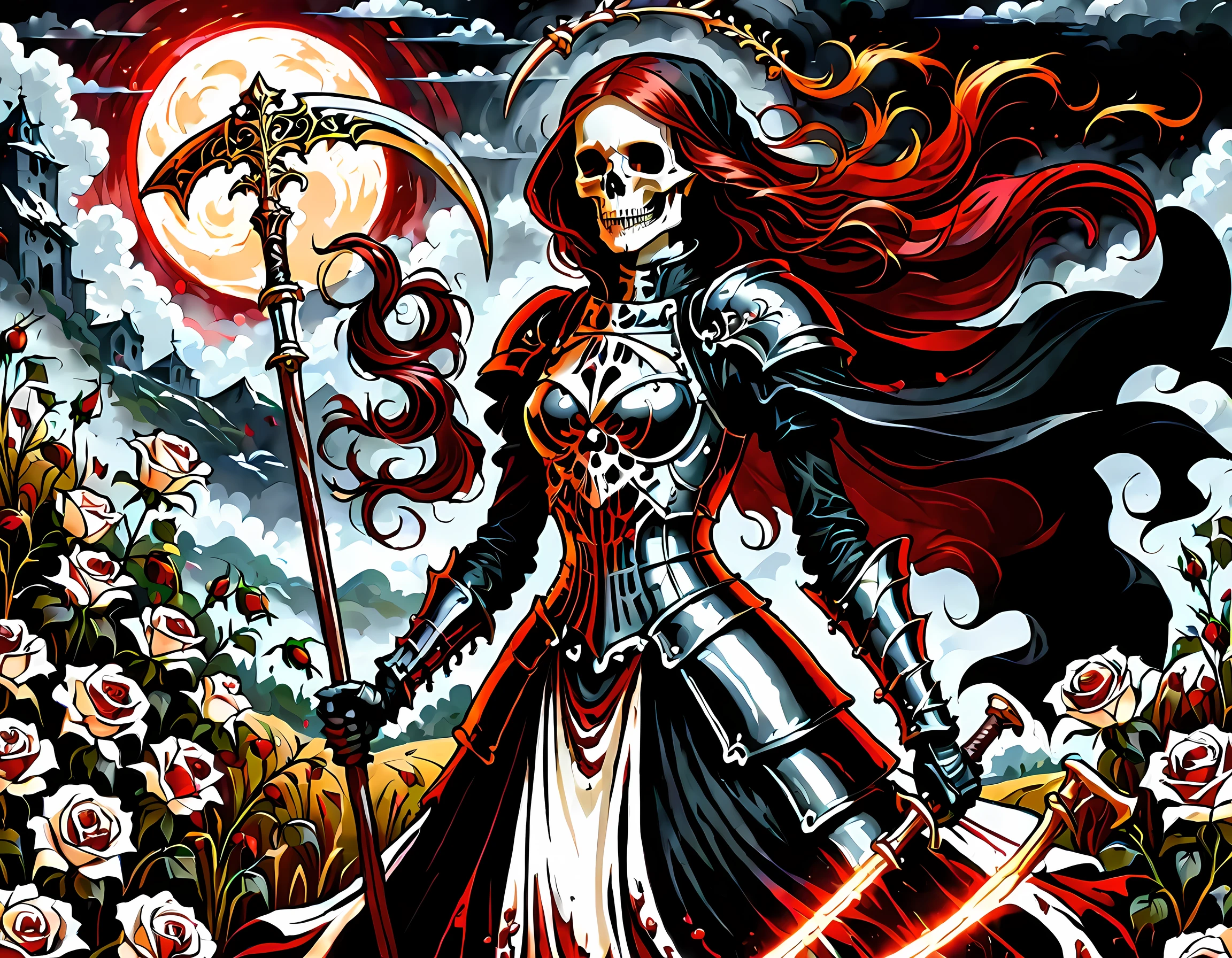 dark fantasy art, a female skeletal grim reaper in a field of white roses, the reaper has (skeletal head: 1.3) , long (red: 1.2) hair , red glowing eyes, she wears black robes, and black armor dress, ArmoredDress, flowing robes, she holds a scythe, in her arms, the scythe is dripping blood, a field of white roses background (best details, Masterpiece, best quality: 1.4), dynamic range, ultra wide shot, photorealism, depth of field, hyper realistic, RagingNebula