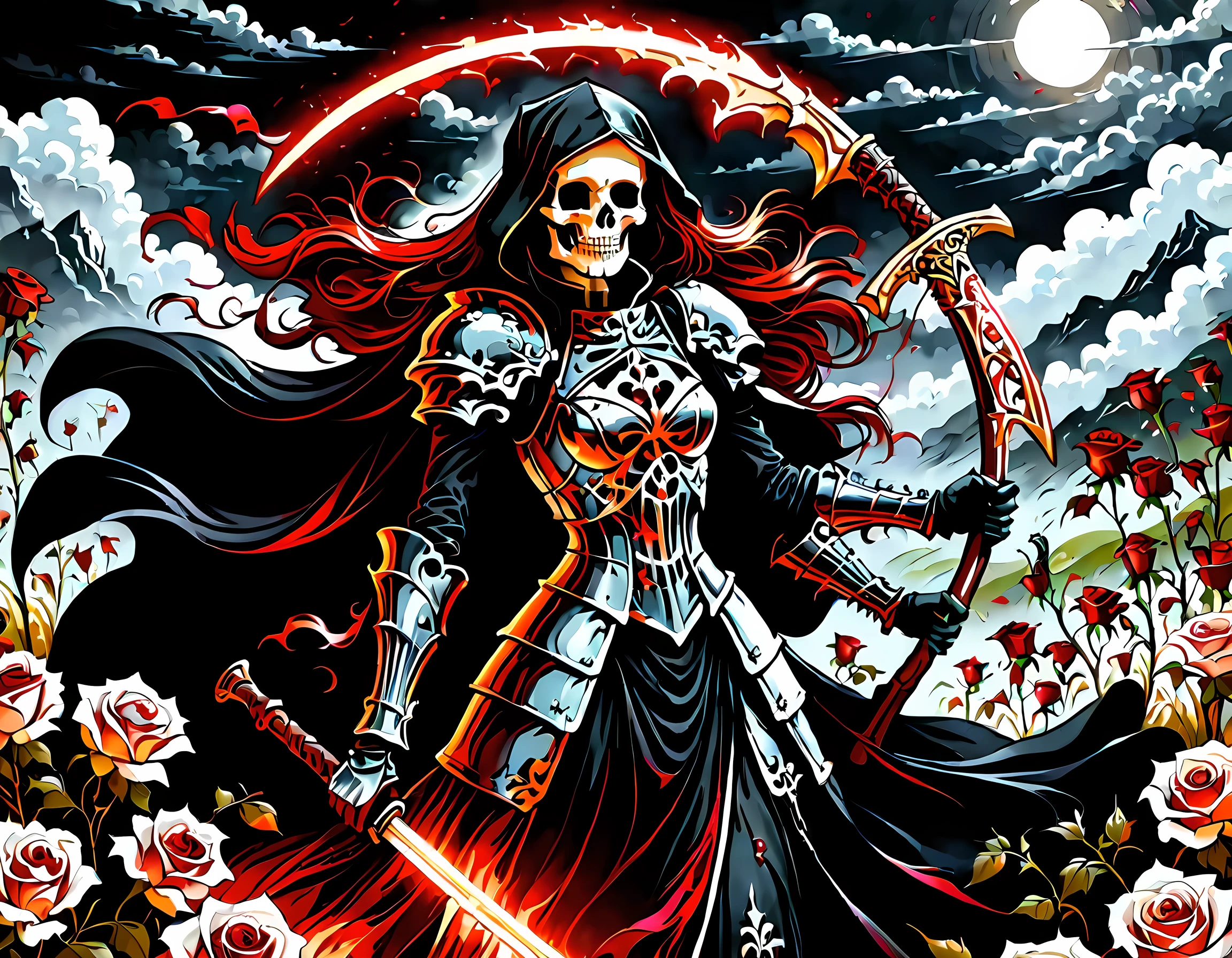 dark fantasy art, a female skeletal grim reaper in a field of white roses, the reaper has (skeletal head: 1.3) , long (red: 1.2) hair , red glowing eyes, she wears black robes, and black armor dress, ArmoredDress, flowing robes, she holds a scythe, in her arms, the scythe is dripping blood, a field of white roses background (best details, Masterpiece, best quality: 1.4), dynamic range, ultra wide shot, photorealism, depth of field, hyper realistic, RagingNebula